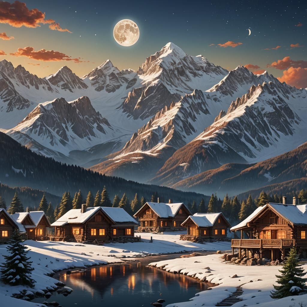 Majestic Log Cabin in Snow-Capped Mountains