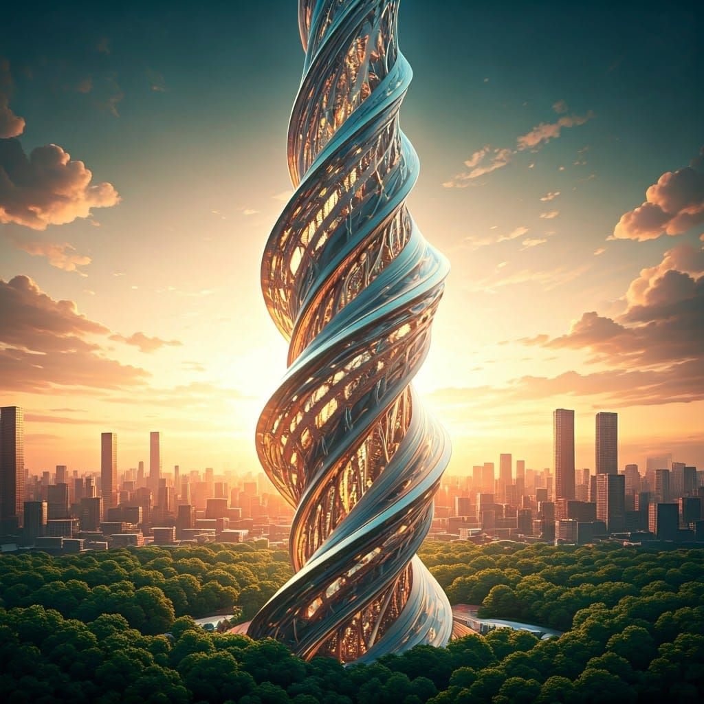 Solarpunk Tower in Vibrant Cityscape with Iridescent Glass a...