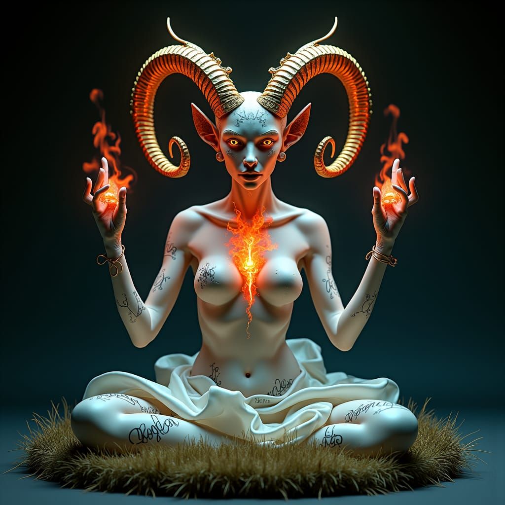 Androgynous Baphomet with Golden Horns and Neon Flames