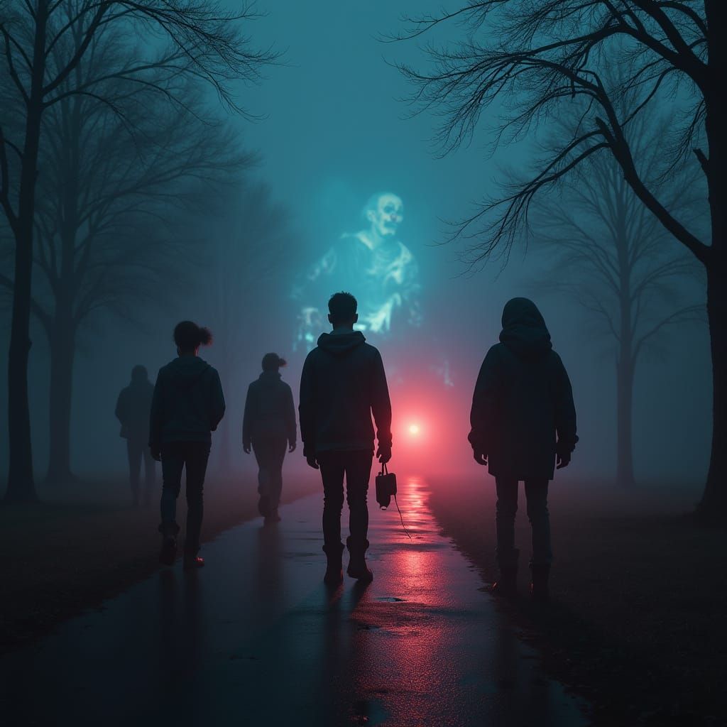 Teenagers and Sinister Clown in Foggy Gothic Park