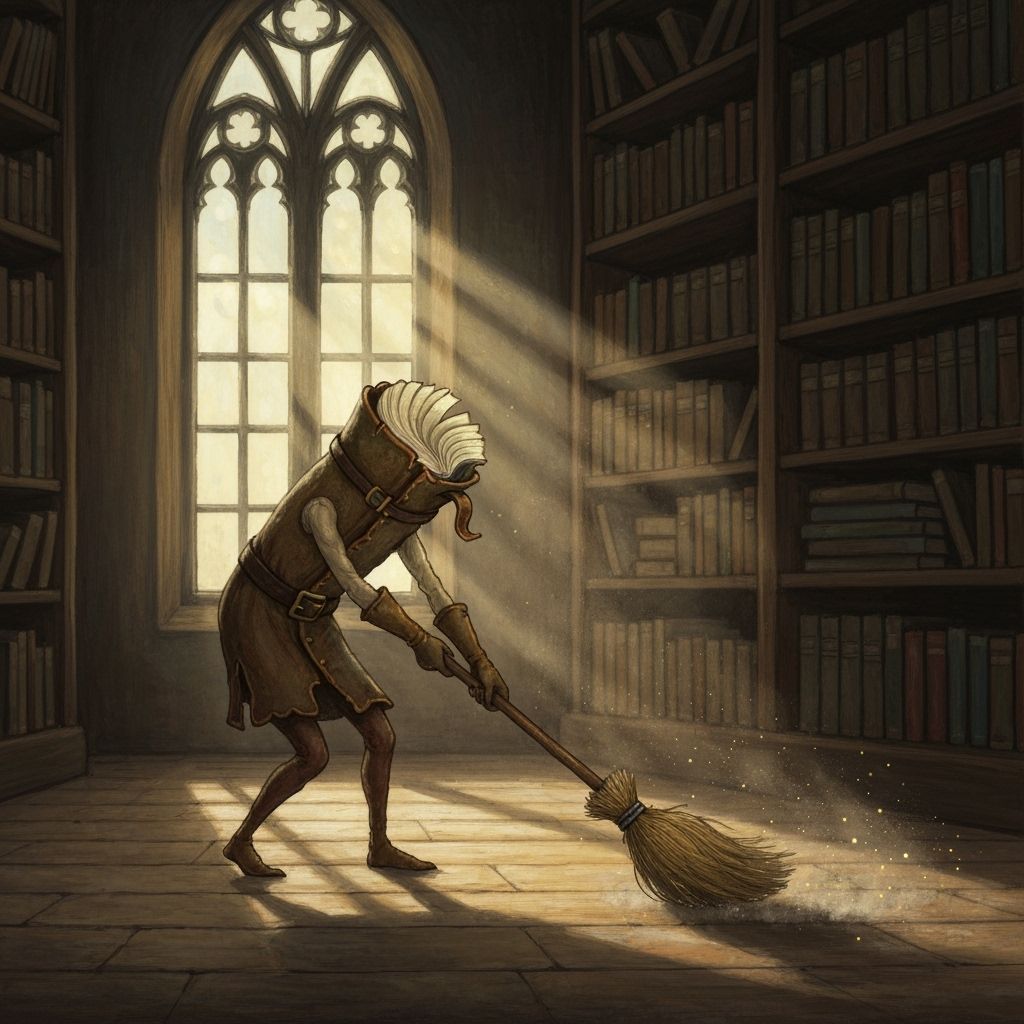 Book Elemental Sweeps Ancient Library in Storybook Style