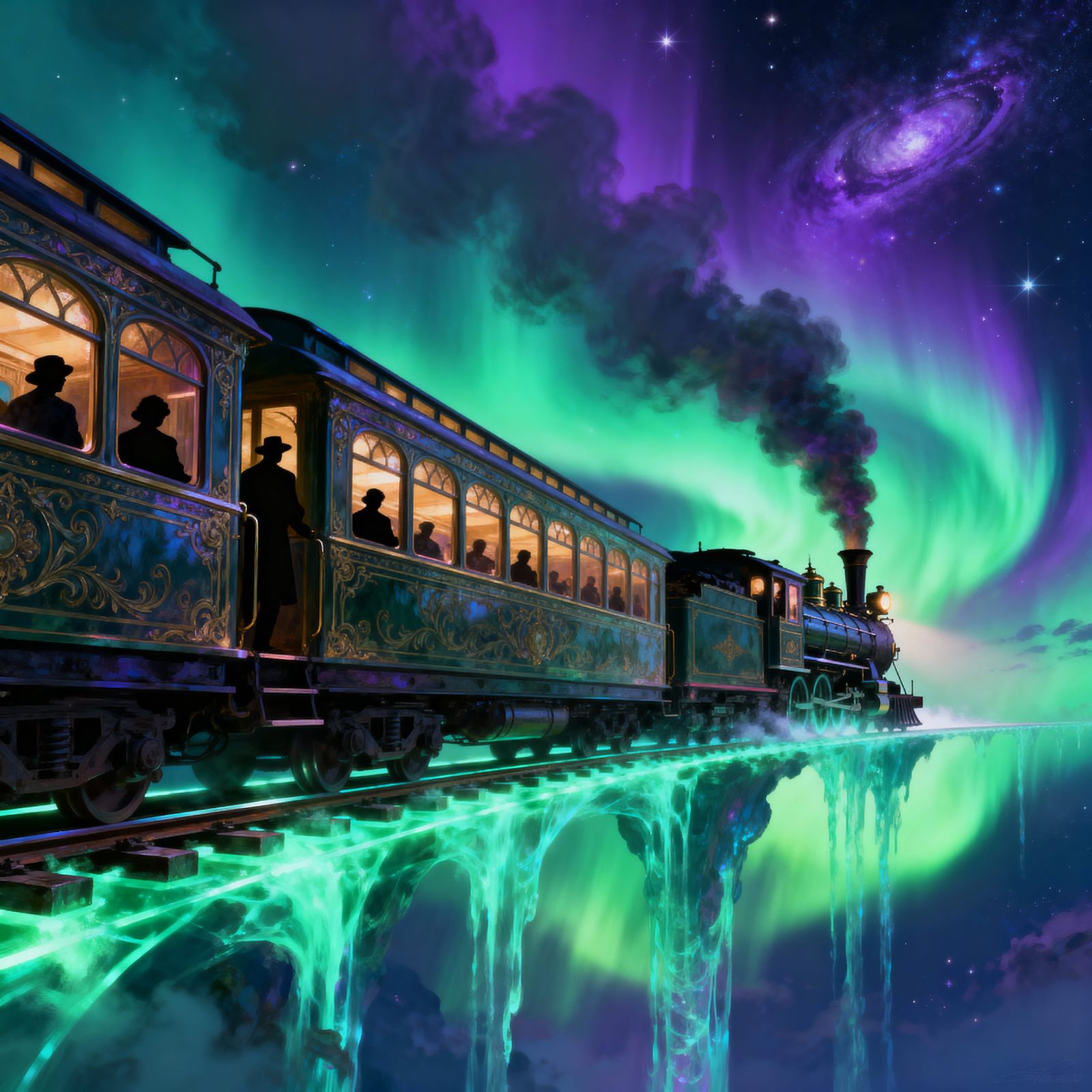 Cosmic Train Through Aurora Borealis Sky