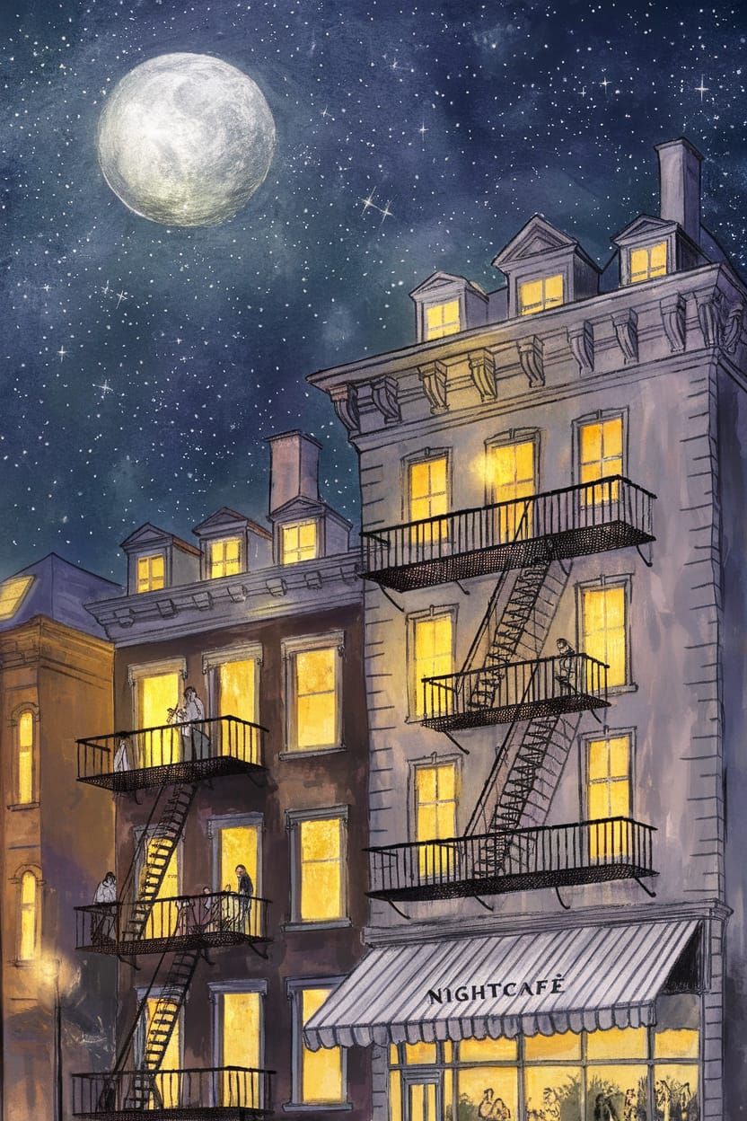 Whimsical Nighttime Cityscape in Crayon-Style