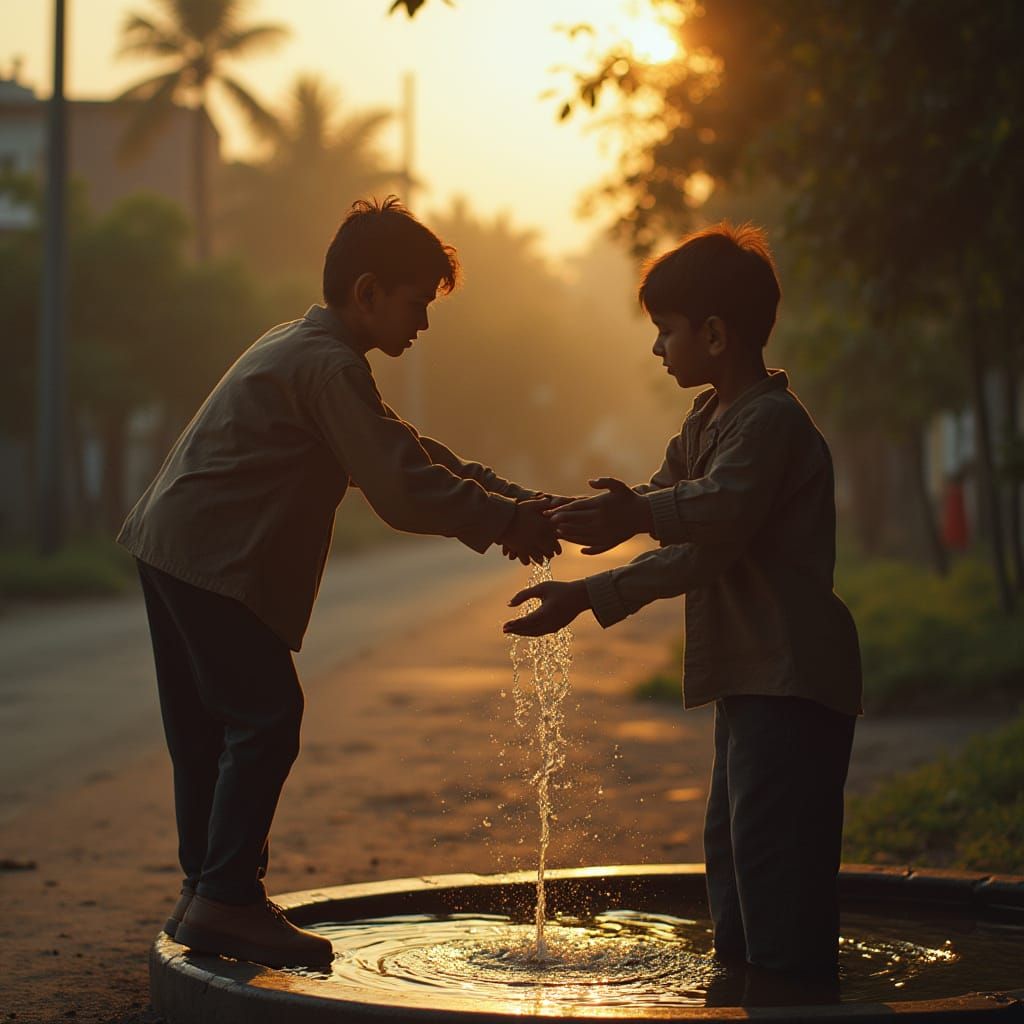 Touching Moment at Water Fountain in Cinematic Style