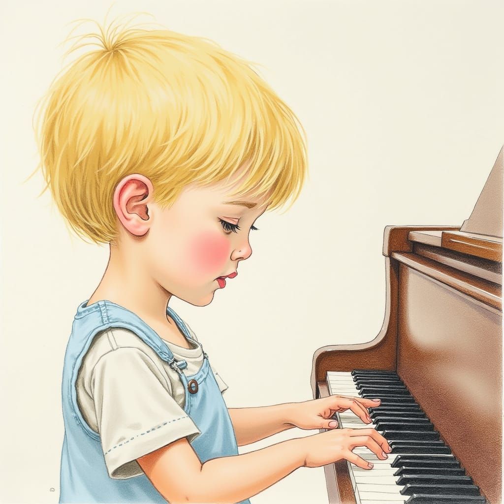 Child Focused on Piano in Colored Pencil Style