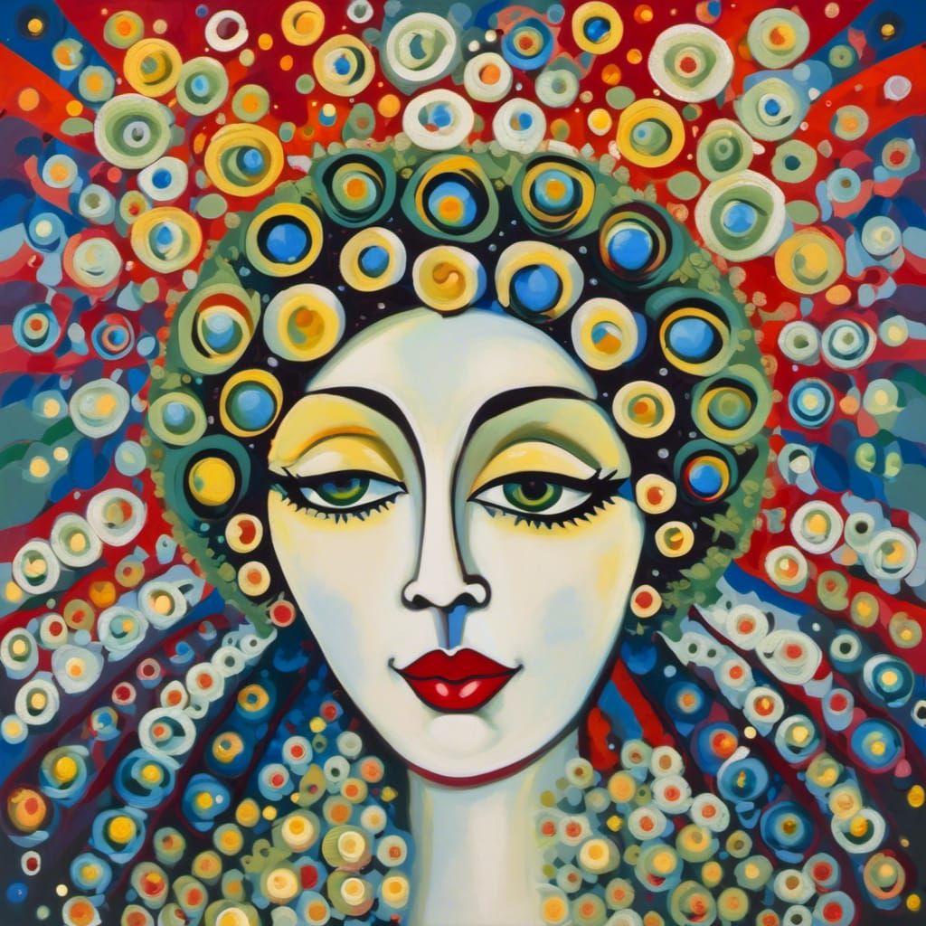 Surreal Moon Face Surrounded by Planets as Oil Painting