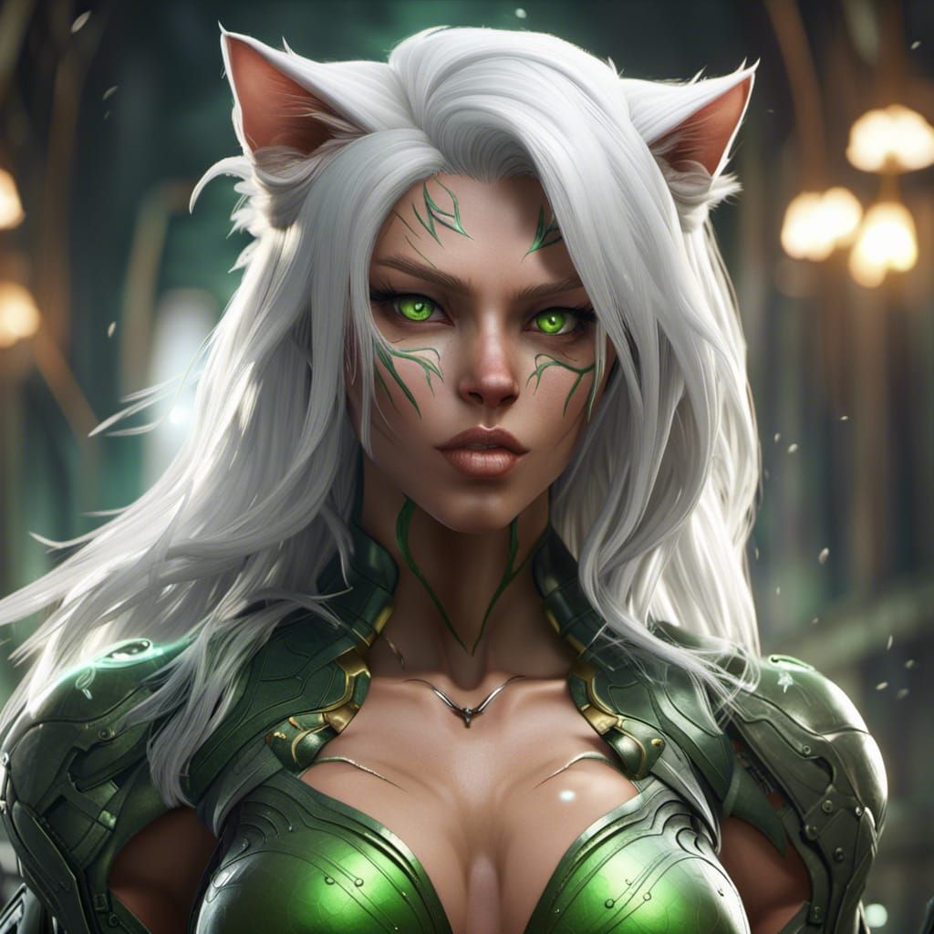 Muscular Cat Girl with White Hair, Fantasy Art