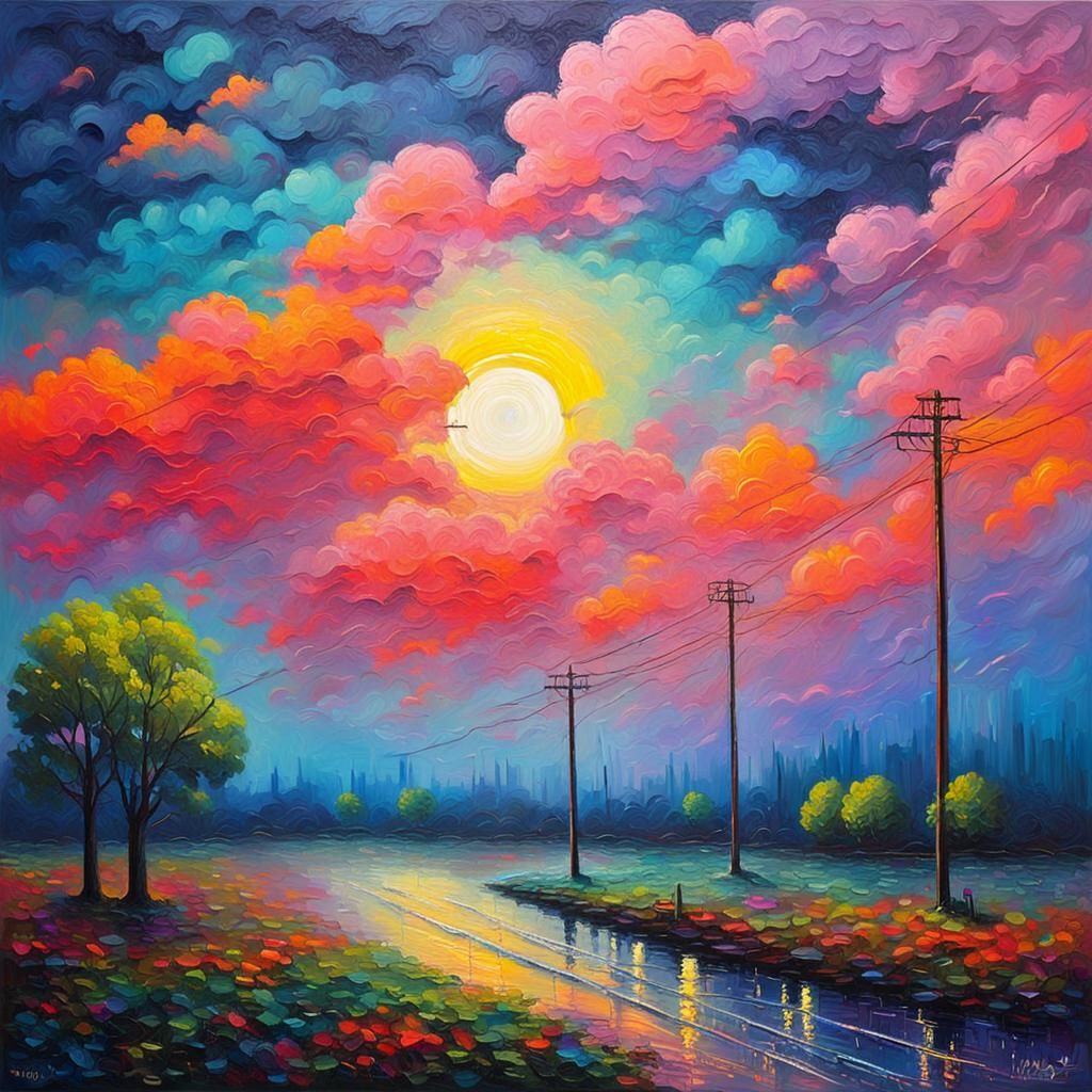 Neon Sky with Lightning in Expressionist Style