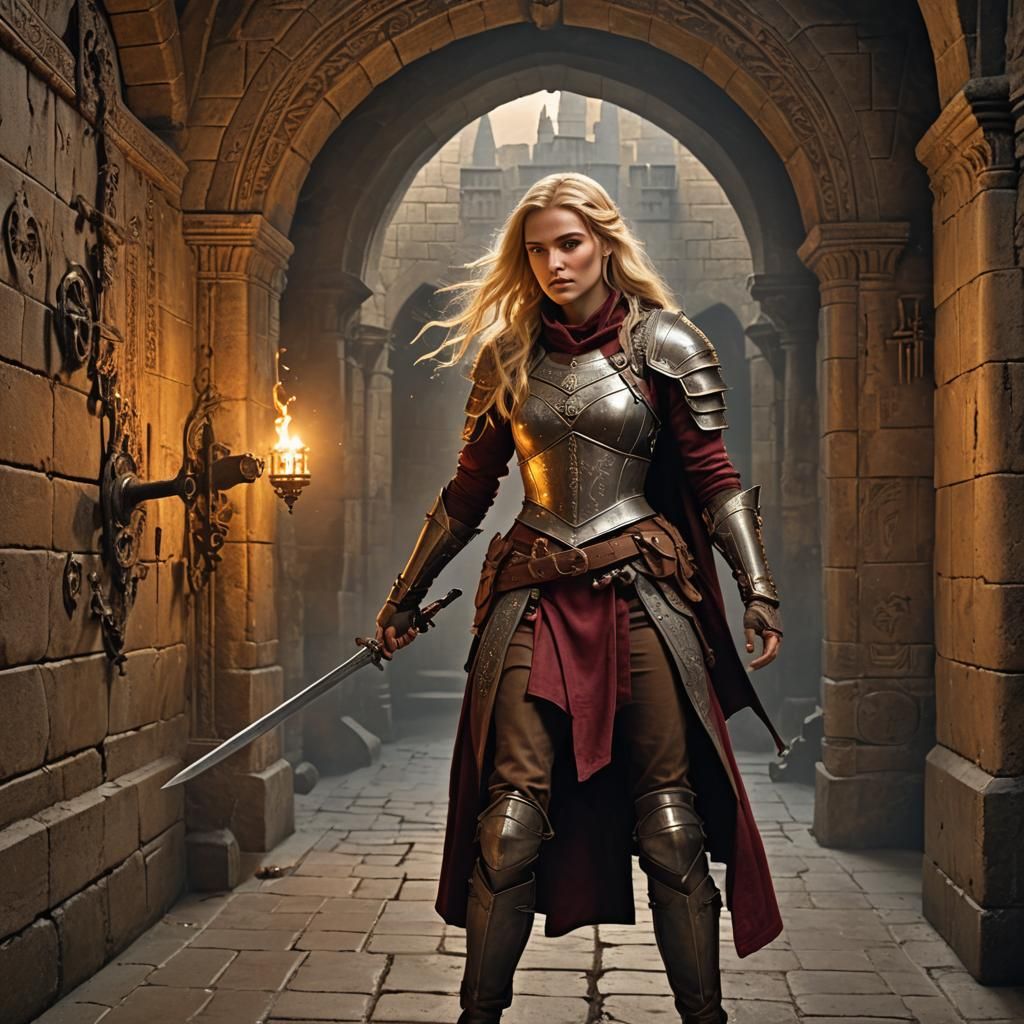 Blonde Rogue Picks Lock in Dimly Lit Castle