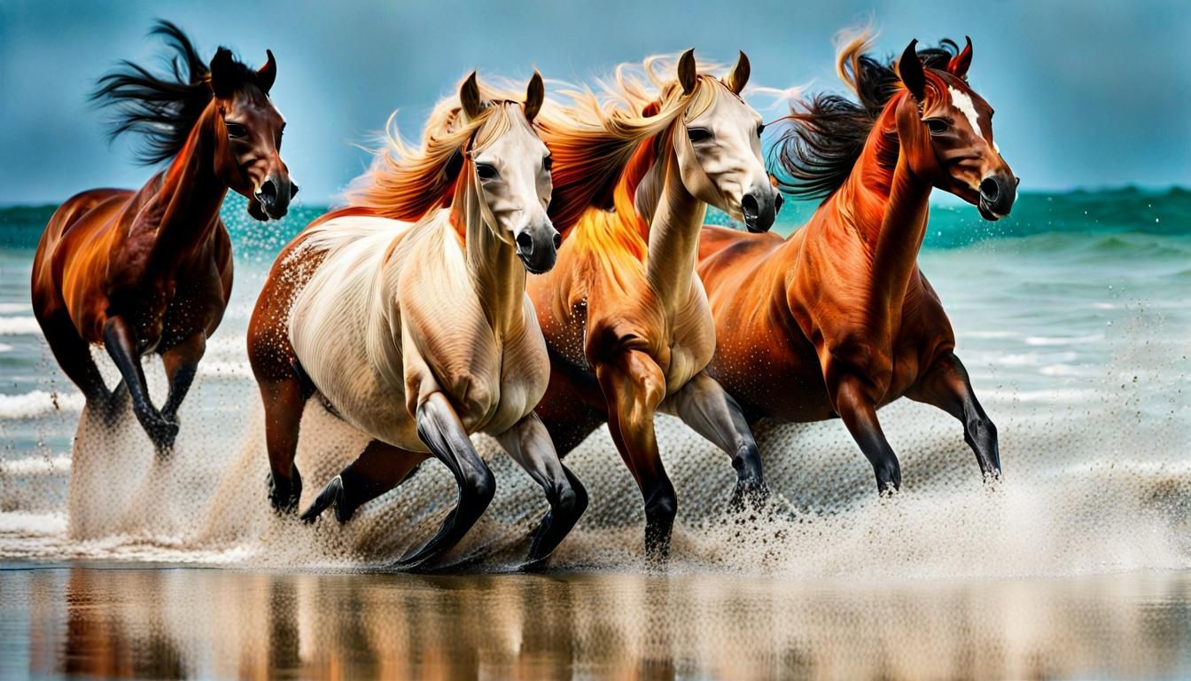 Wild Horses Stampede on Tropical Beach Photography