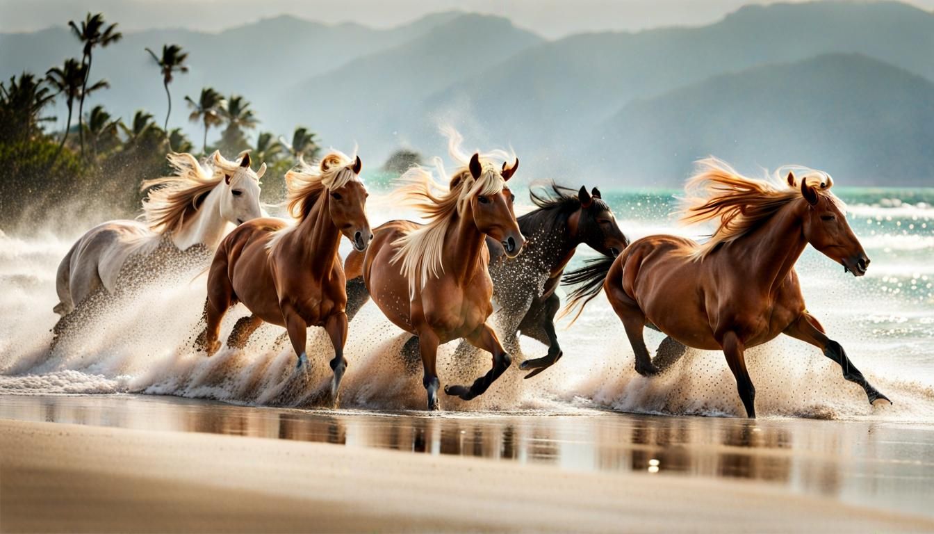 Wild Horses Stampede on Tropical Beach