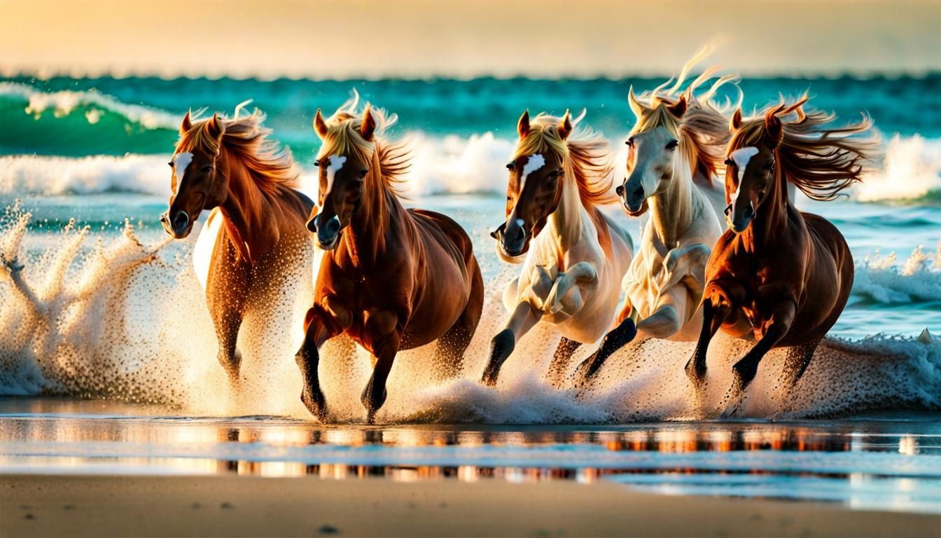 Wild Horses Stampede on Tropical Beach