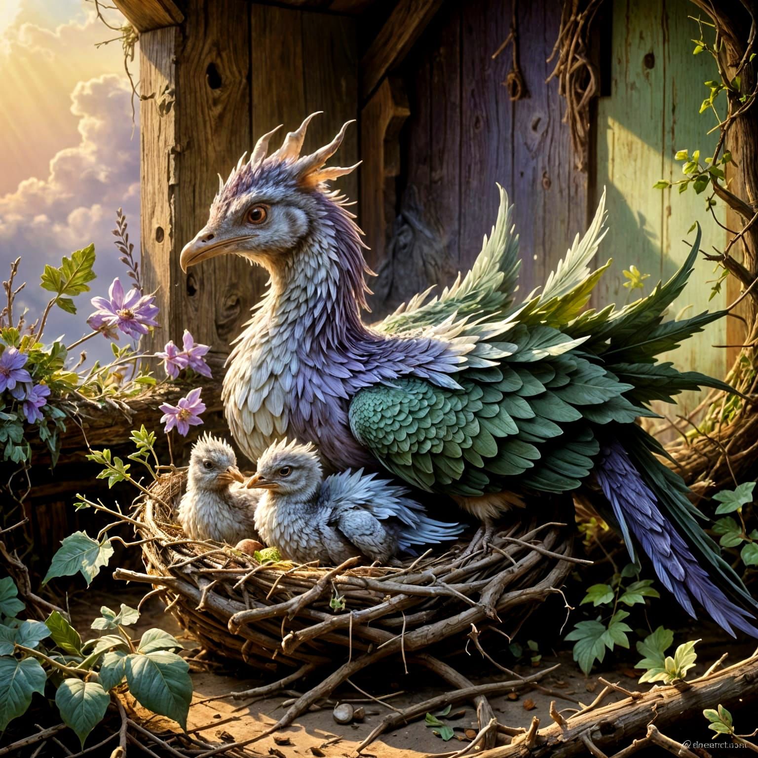 Dragon Chicken Nestling in Ethereal Fantasy Style