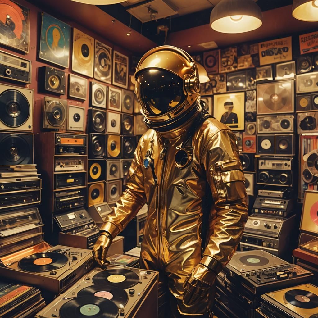 Astronaut in a Retro-Futuristic Record Shop