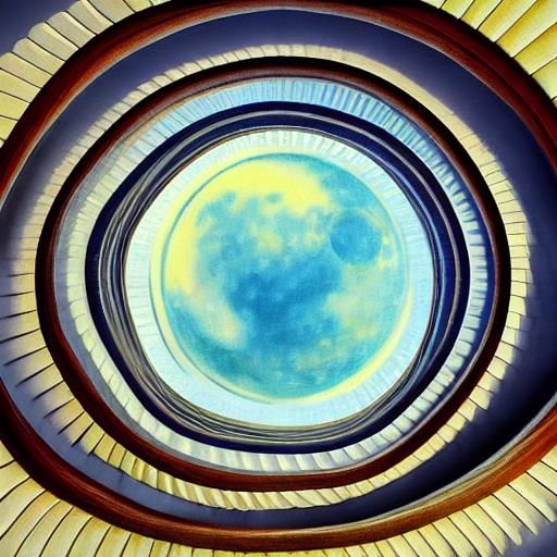 Surreal Snowball Climbs Spiraling Stairs to a Glowing Moon