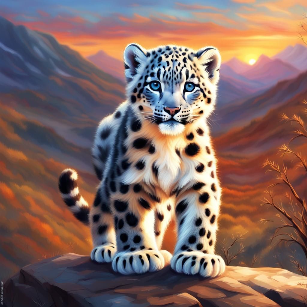 Adorable Baby Snow Leopard in Sunset Painting