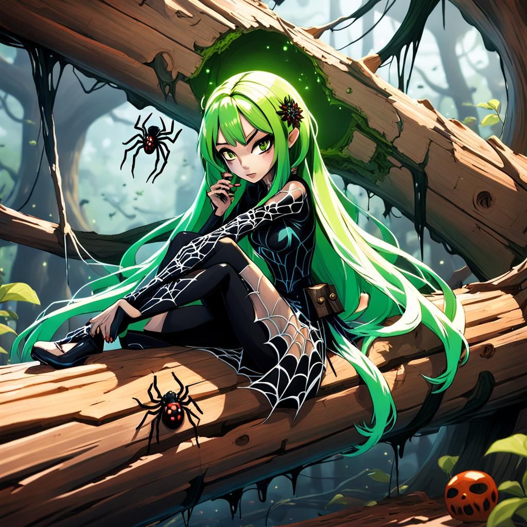 Anime Girl in Log with Spider, Detailed Matte Painting