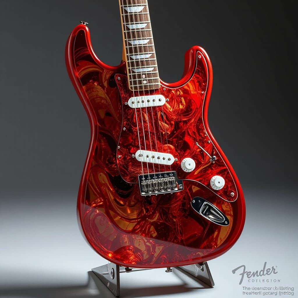 lead guitar on a minimalist guitar stand, its body a clear r...