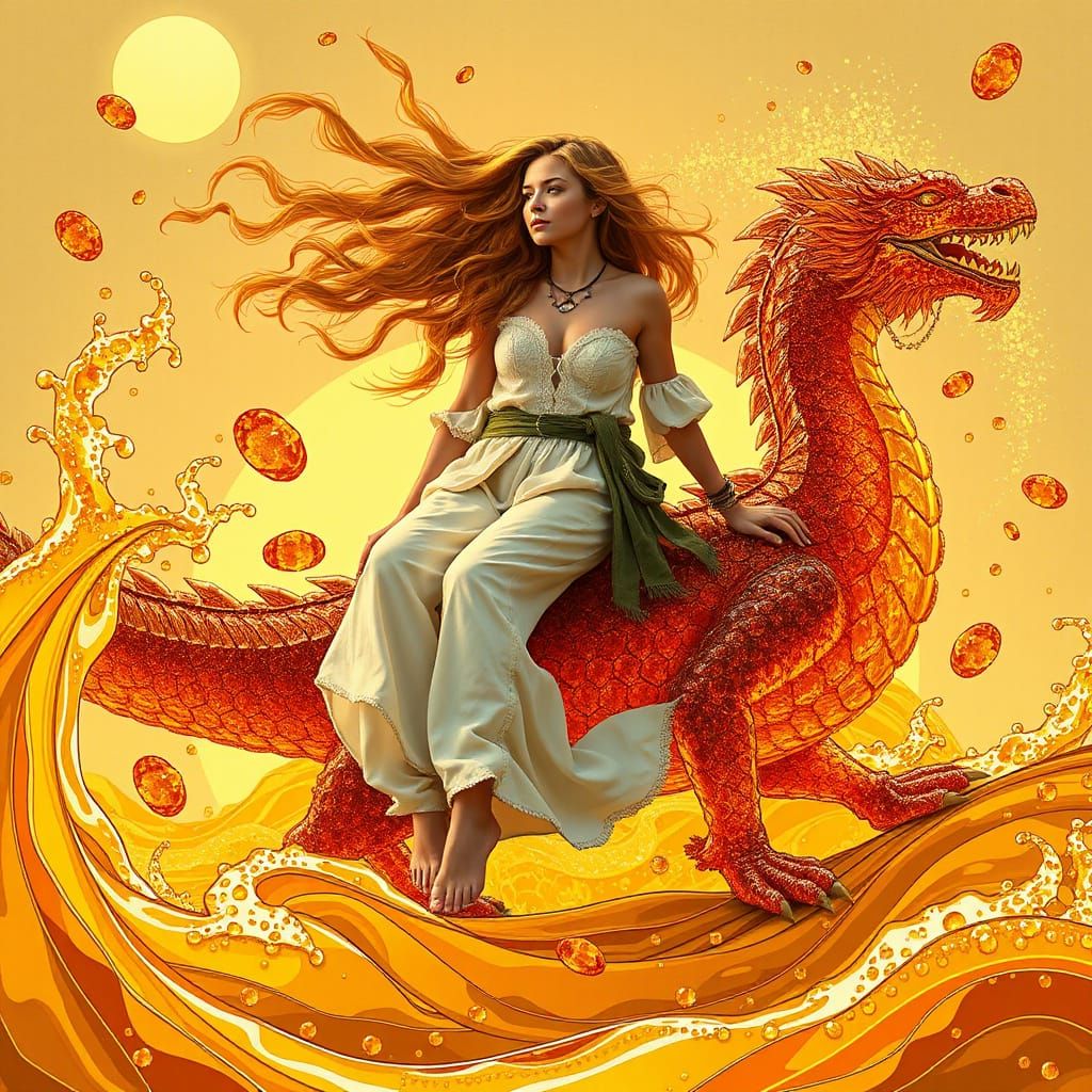 Golden-Haired Woman on Gummy Dragon in Soda Sea