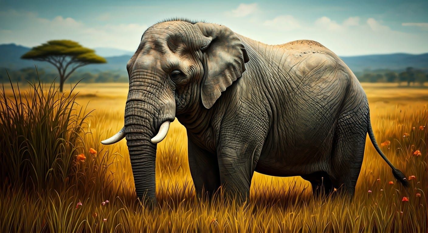 A Serene Elephant in Lush Savannah, Lost in Thought