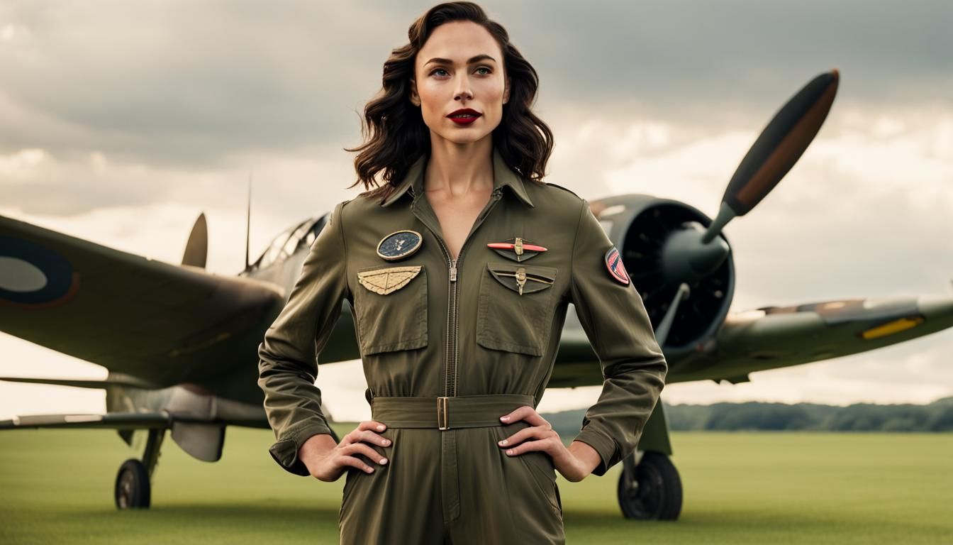 Gal Gadot as WWII Pilot in Front of Spitfire