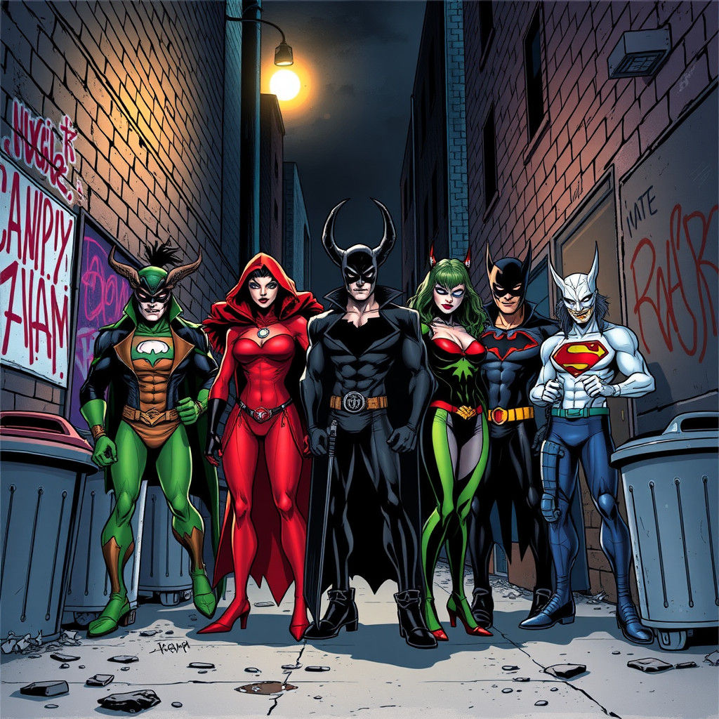 Villain Team Assembled in Gritty Noir Comic Style