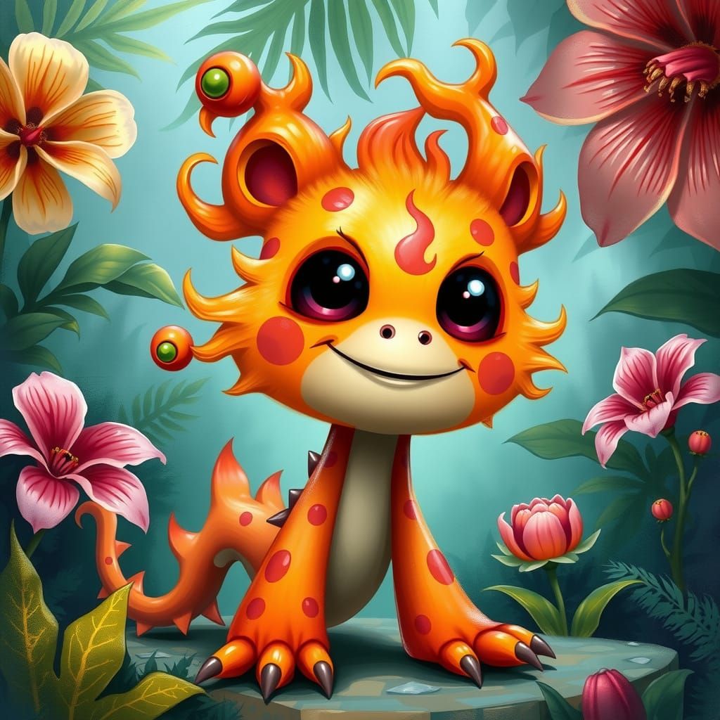 Vibrant Orange Beast in Whimsical Landscape