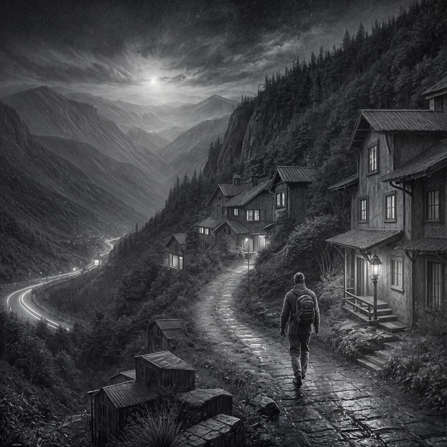 Lonely Traveler Walks Home on a Rainy Night in Hyperdetailed...
