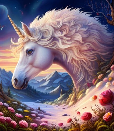 Detailed Multi-Colored Unicorn Head with Rosebuds