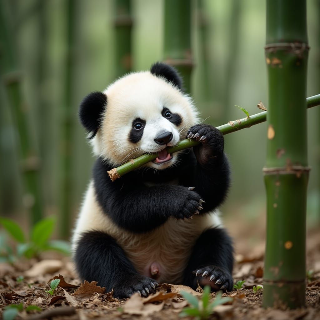 Baby Panda and Mother Eating Bamboo