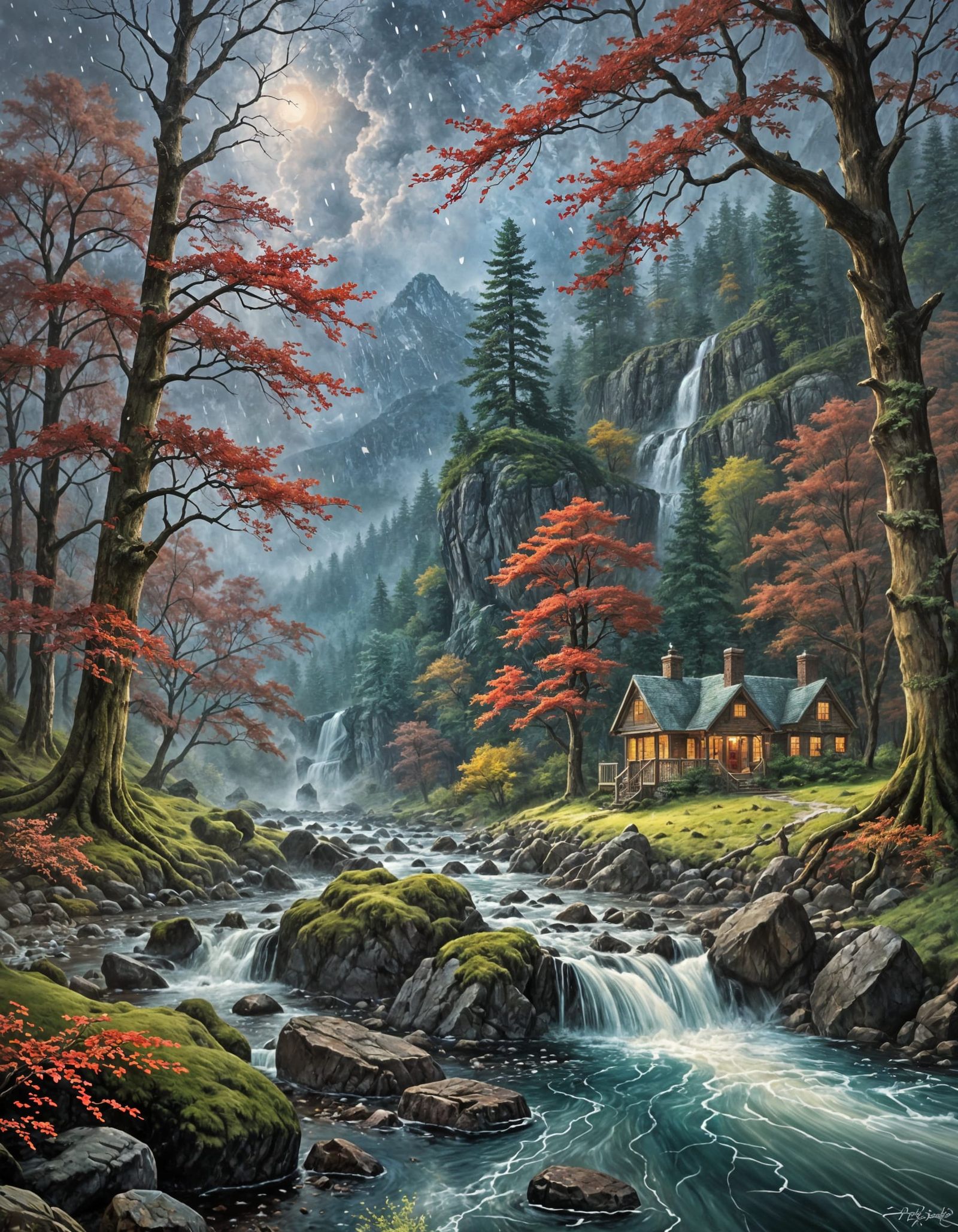 Rainy River Scene at Night in Ethereal Fantasy Style