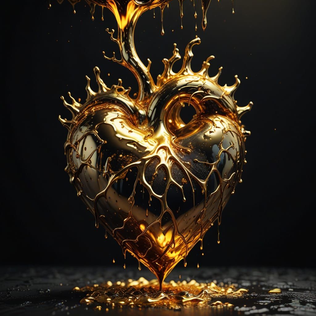 Molten Gold Heart Dripping Fluidly in Dramatic Light