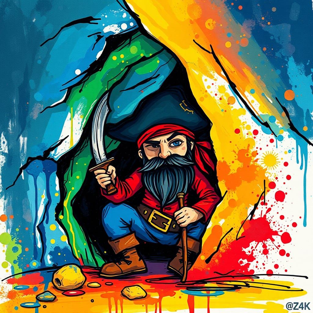 Pirate in Cave: Naive Pop Art Watercolor