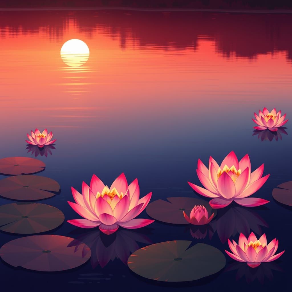 Lotus Flowers on Lake at Sunset: Manga Style