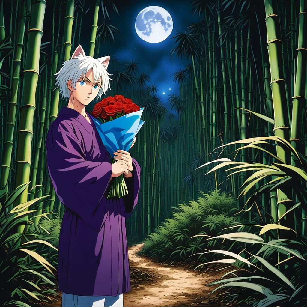 Anime Baby Boy with Cat Ears in Bamboo Forest