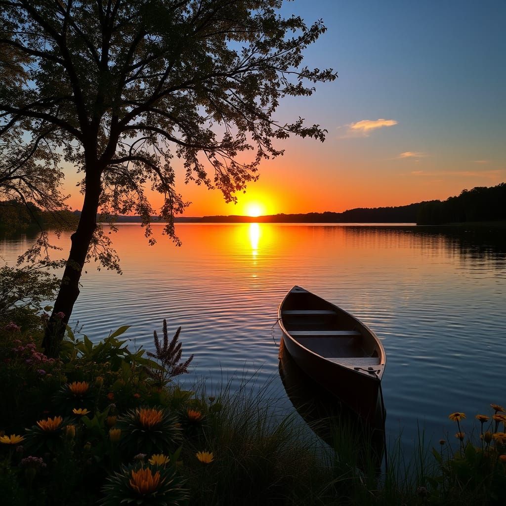 Serene Lake Sunset With Rowboat and Nature