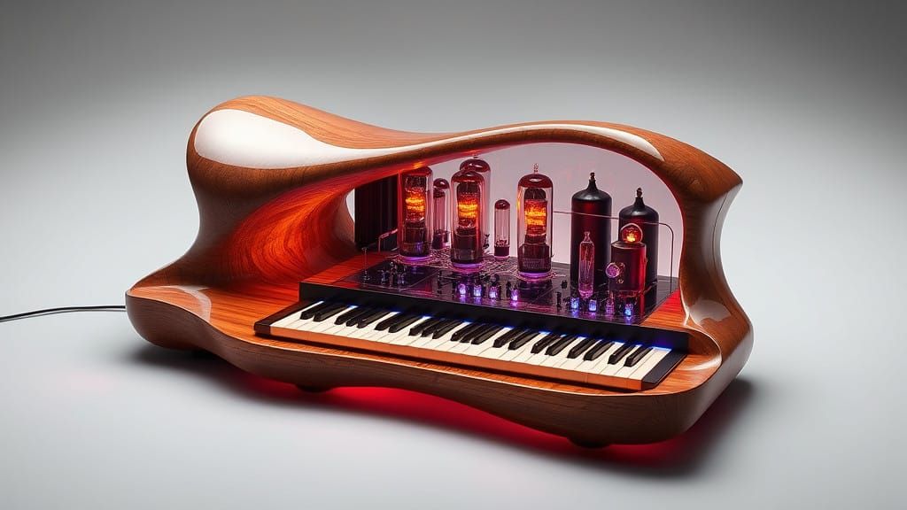 Sculptural Analog Synthesizer in Neon-Lit Retro-Futurism Sty...