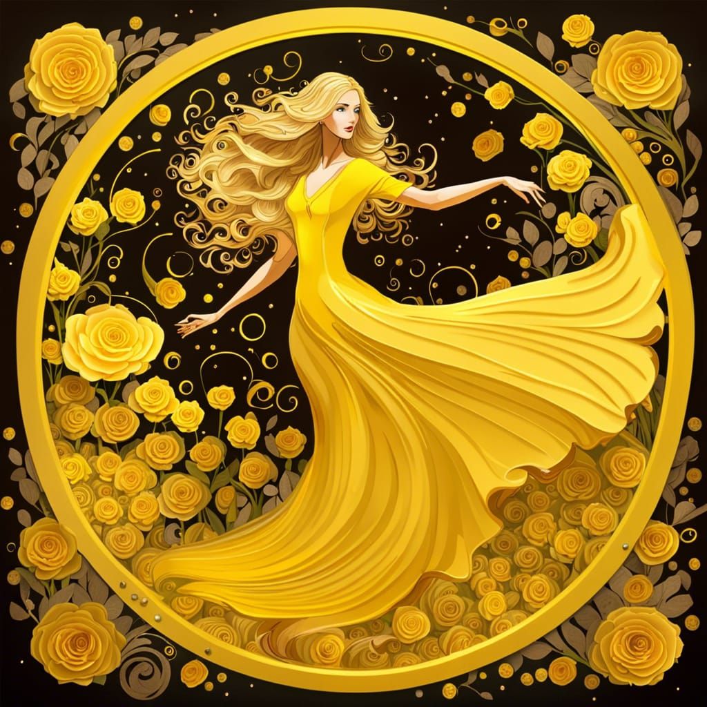 Lady in Yellow Dress Dancing in Flower Field