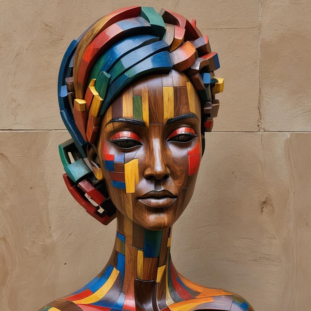 Wooden Sculpture of Serene Woman with Abstract Hairstyle