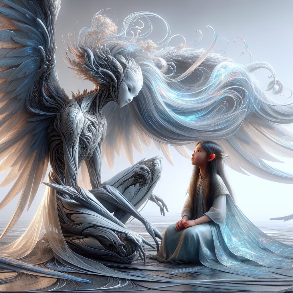 Ethereal Alien Goddess Sits with Human Girl in Dreamlike Lan...