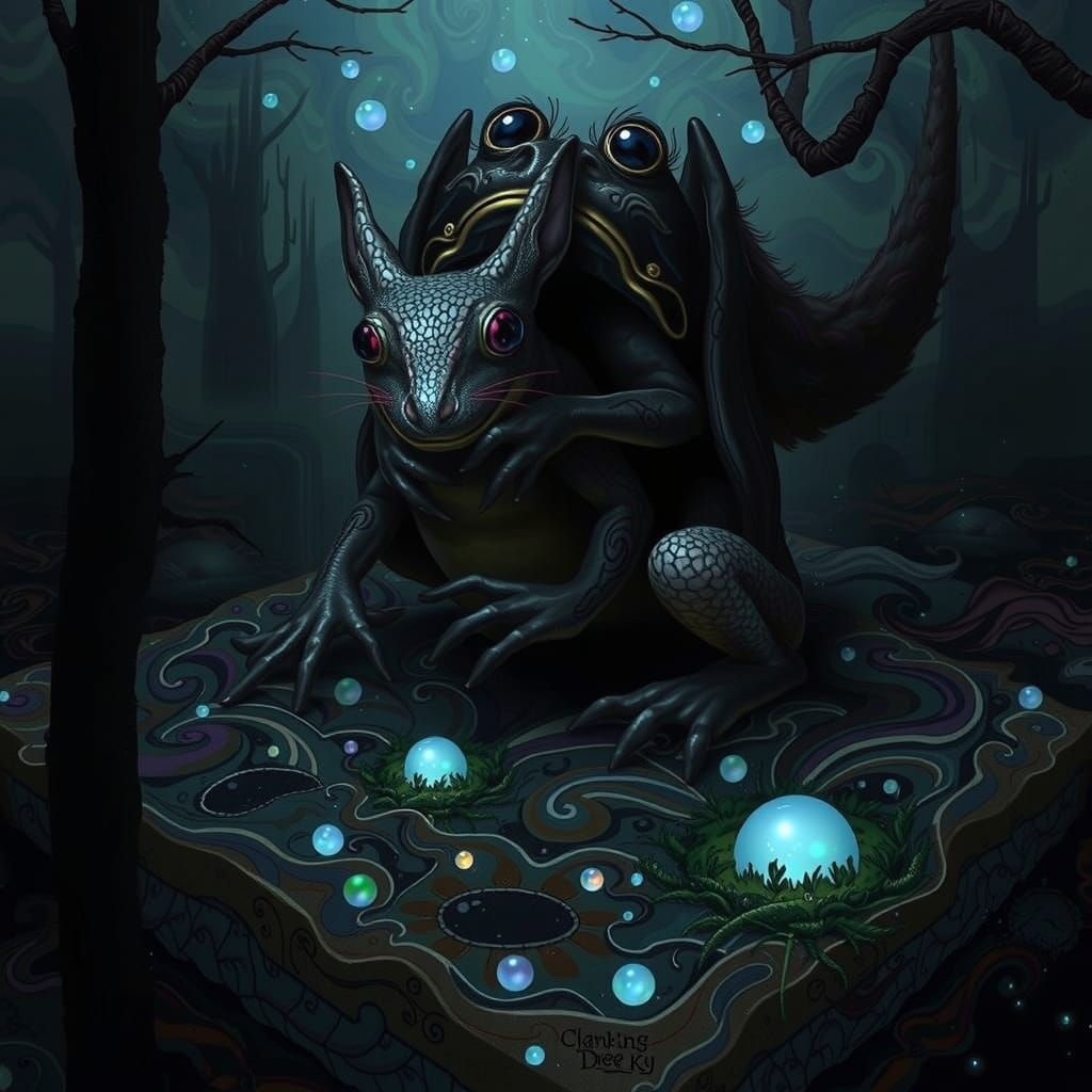 Psychedelic Fusion of Frog and Rabbit in Dreamlike Landscape