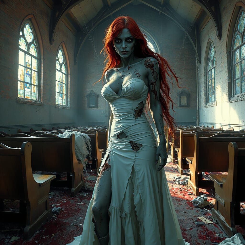 Zombie Bride in Dilapidated Church, Horror Aesthetic