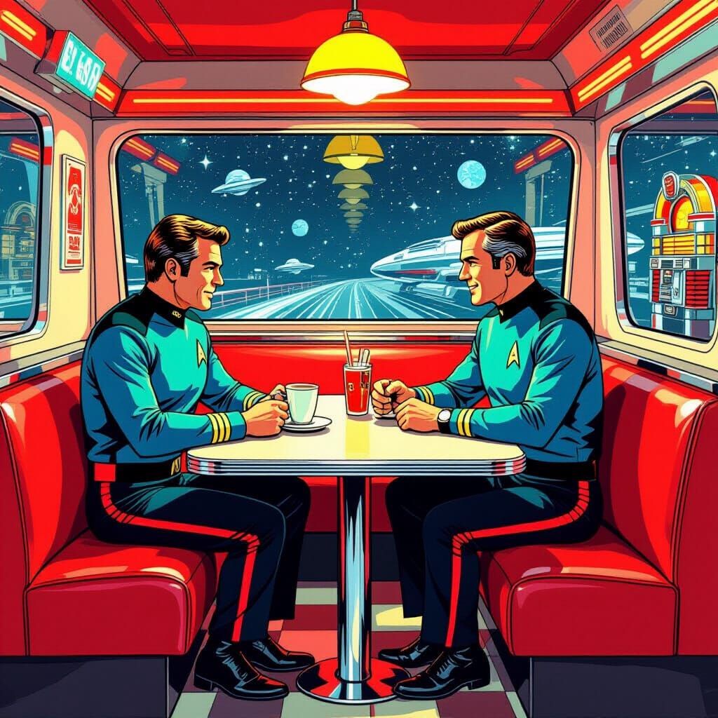 Kirk and Scotty in a 1950s Diner