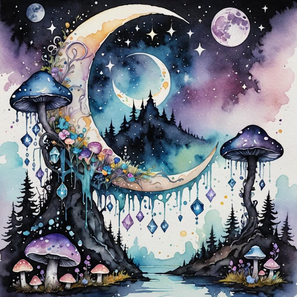 Pastel Goth Crescent Moon with Crystals in Watercolour