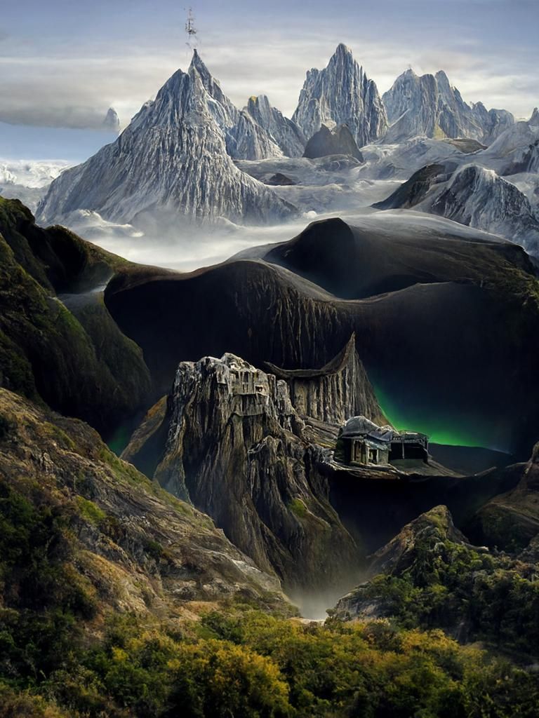 Retrofuturistic Mountain Settlement Under Northern Lights