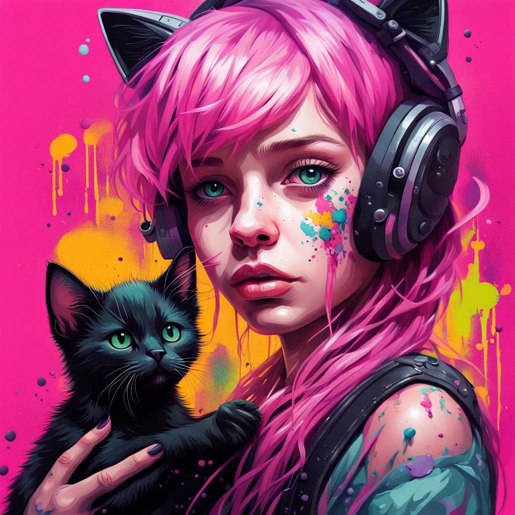 Girl with Kitten in Colorful Graffiti Art