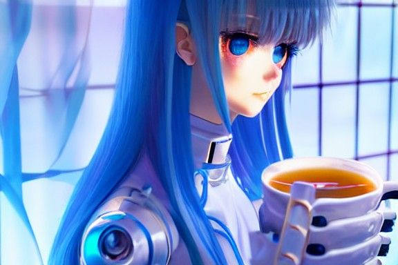 Cyborg Magical Girl at Futuristic Café in Noir Style