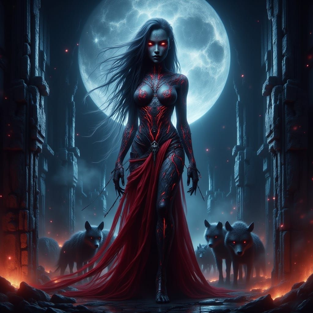 Mystical Stygian Courtesan in Ruins, Fantasy Concept Art