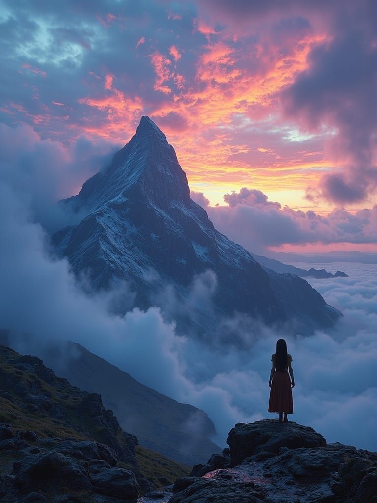 Majestic Mountain Landscape with Woman, Photorealism