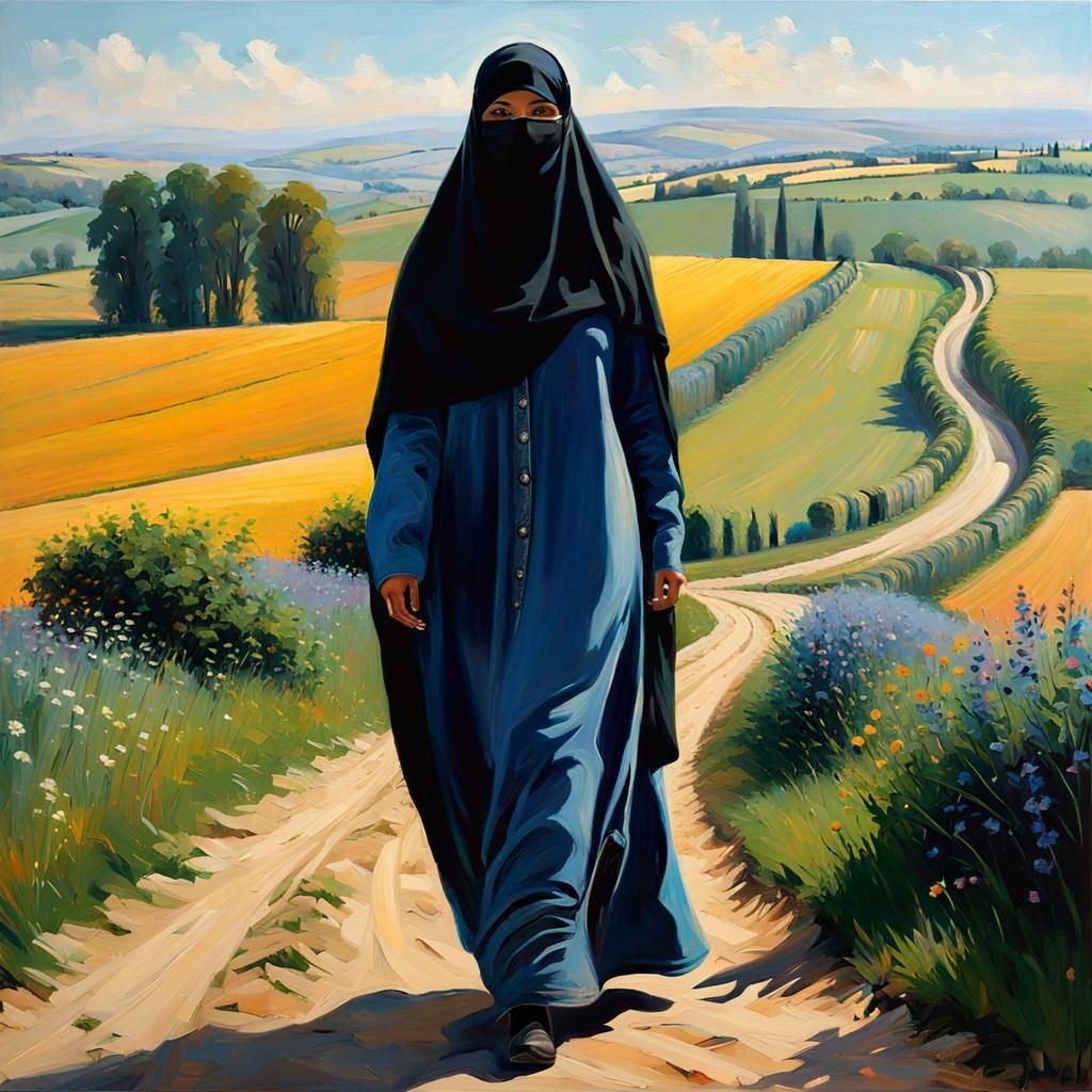 Portrait of Niqabi Woman Strolling Through English Landscape